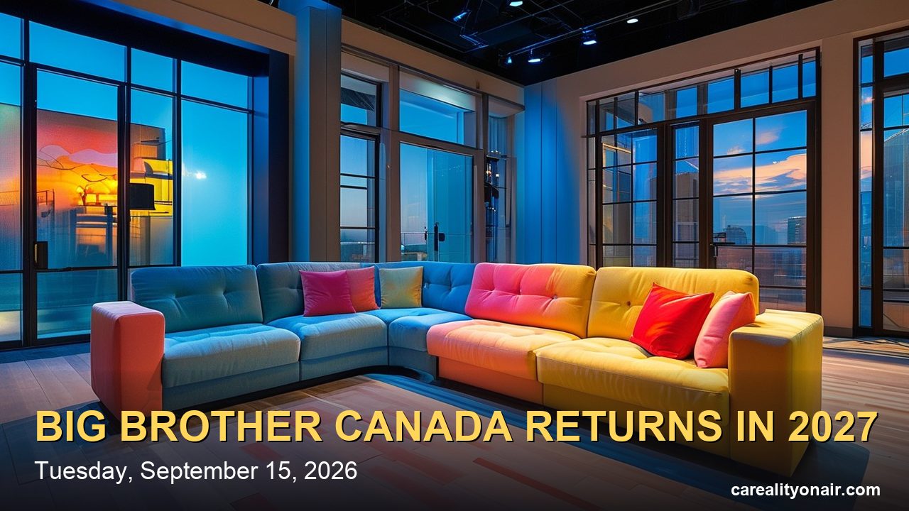 An empty television house set with colourful couches under soft blue studio light