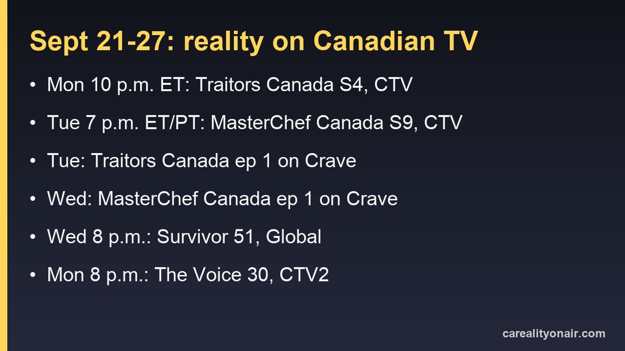 Information card listing reality TV airings in Canada for Sept. 21 to 27