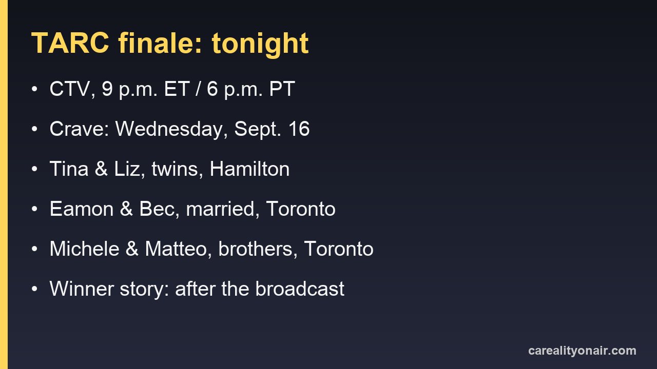 Information card with tonight's Amazing Race Canada finale time and remaining teams