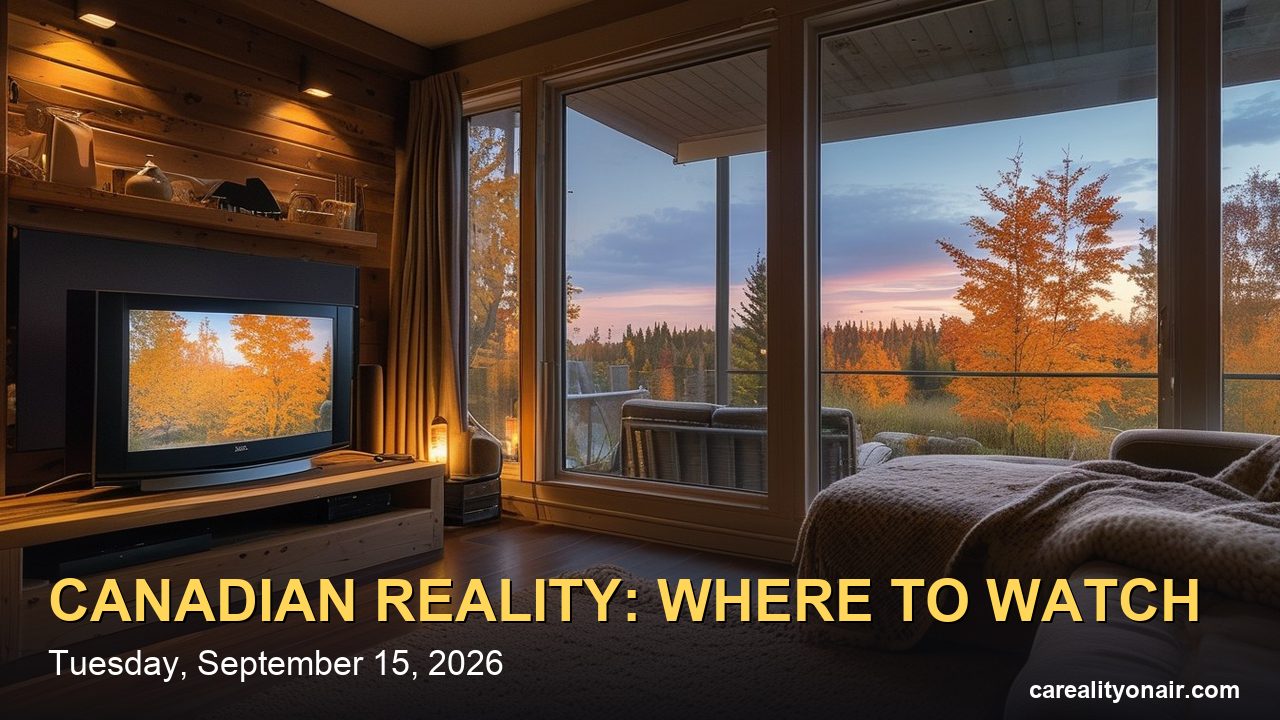 A living room at dusk with a television glowing beside a window of red maple trees